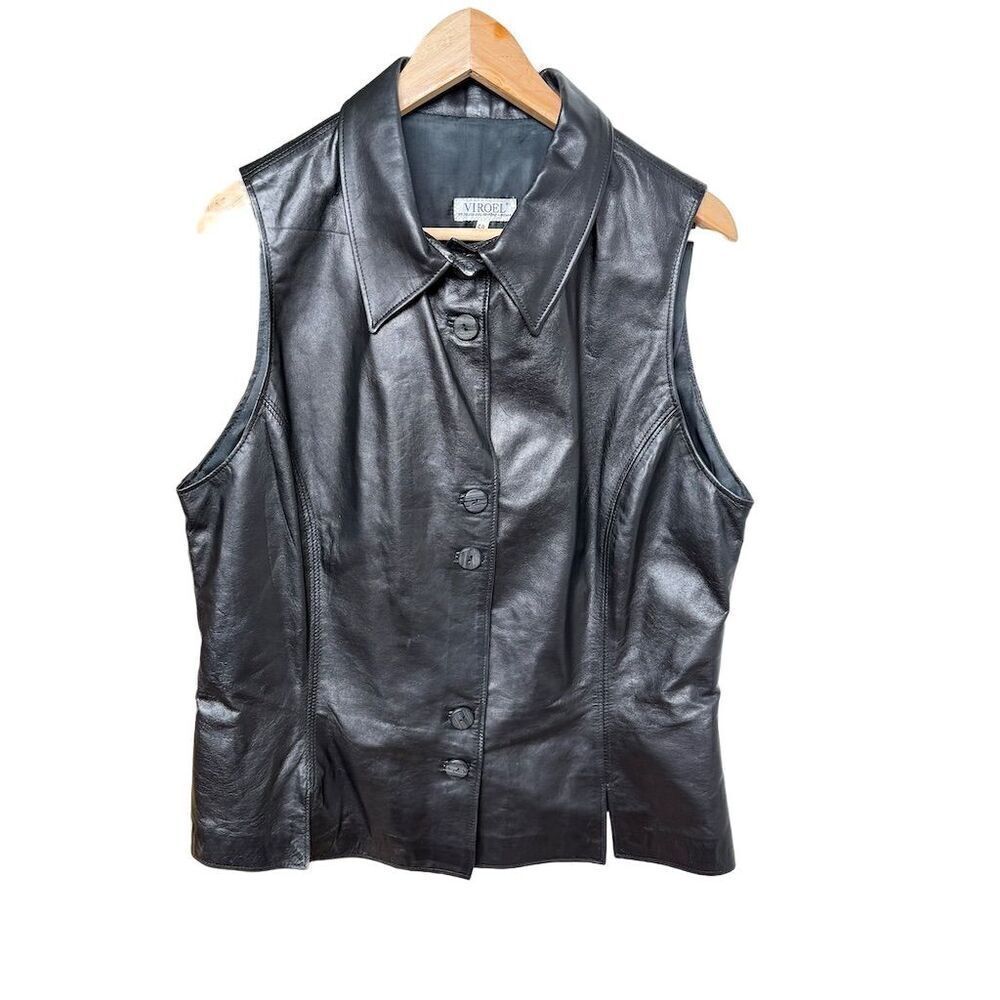 Viroel Black Leather Vest Size 12 Button-Down Classic Collar made in Italy